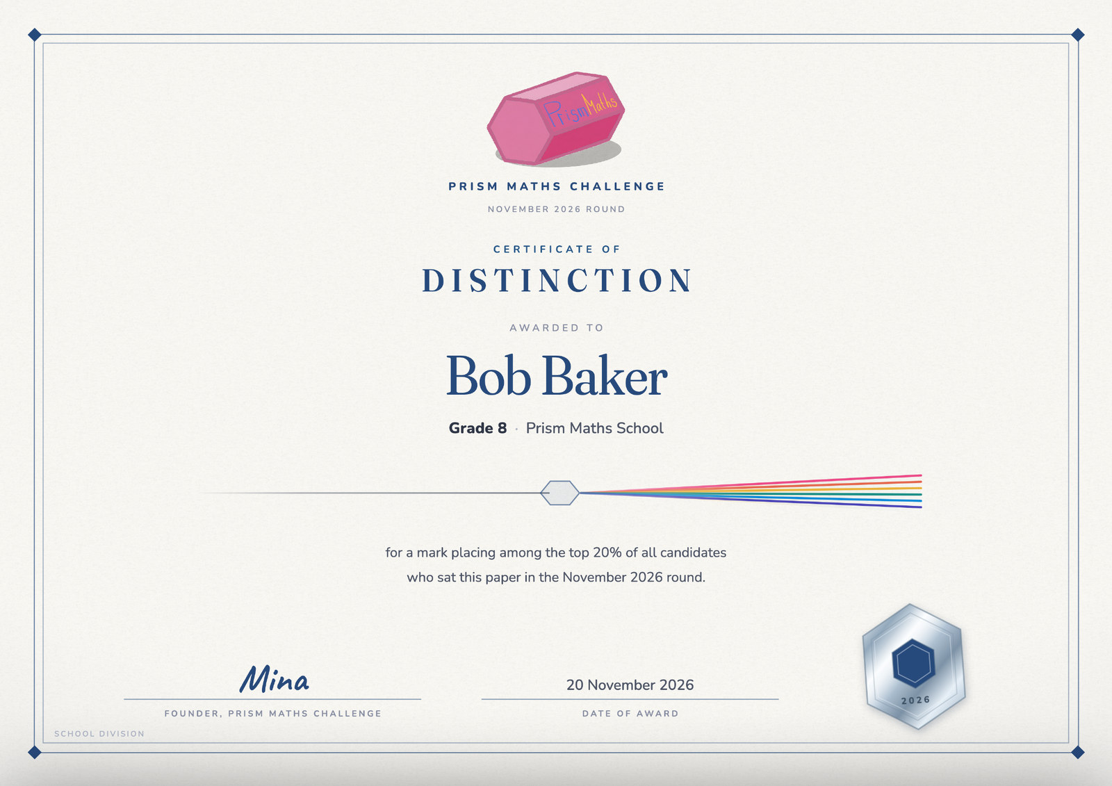 The Prism Maths Challenge Distinction certificate, printed at A4 landscape