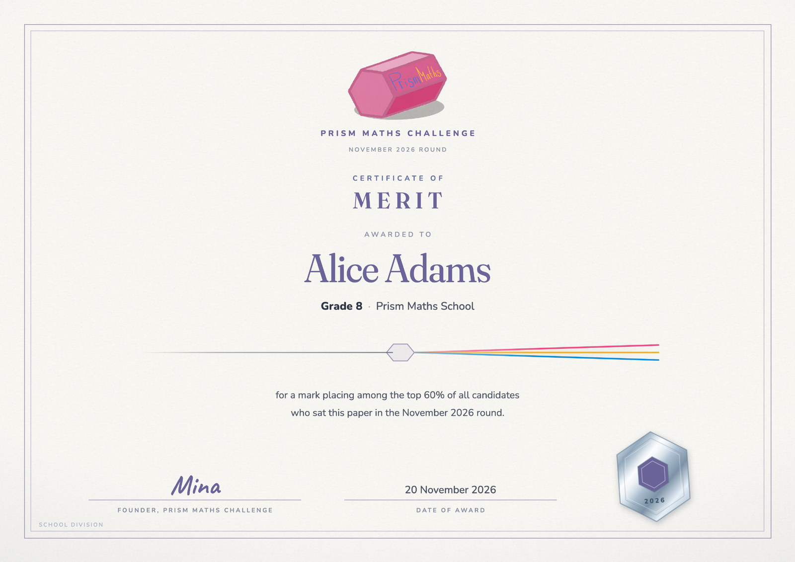 The Prism Maths Challenge Merit certificate, printed at A4 landscape
