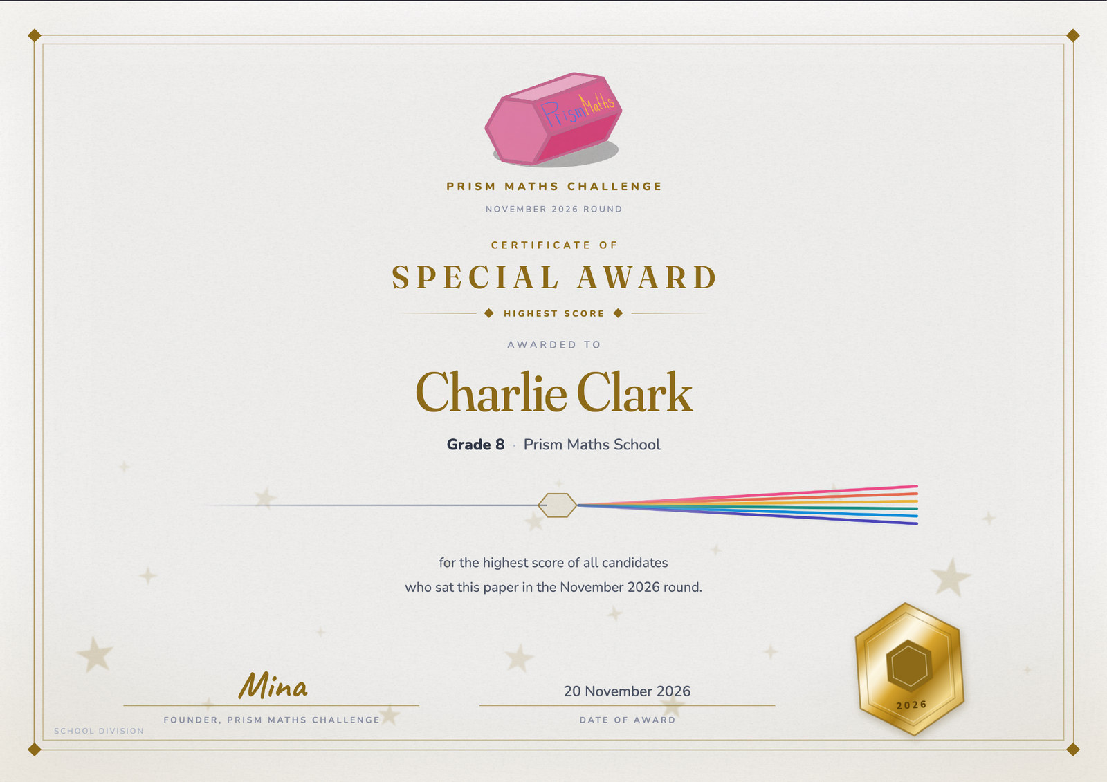 The Prism Maths Challenge Special Award certificate, printed at A4 landscape