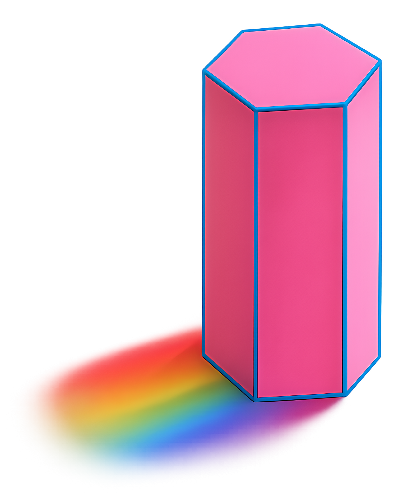 A pink hexagonal prism refracting light into a rainbow spectrum